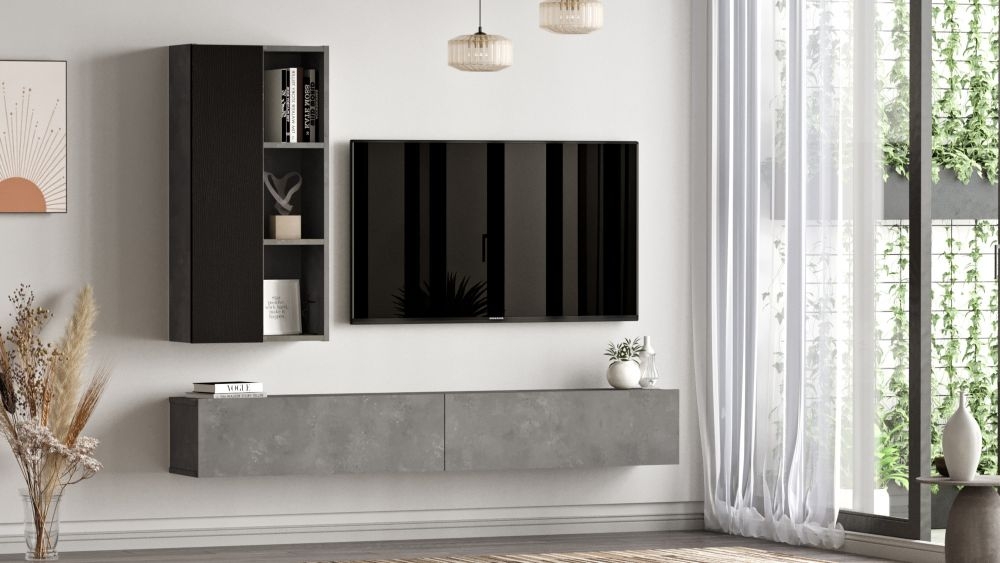 Product photograph of Lemont Silver And Black Hanging Tv Unit With Wall Shelf from Choice Furniture Superstore.