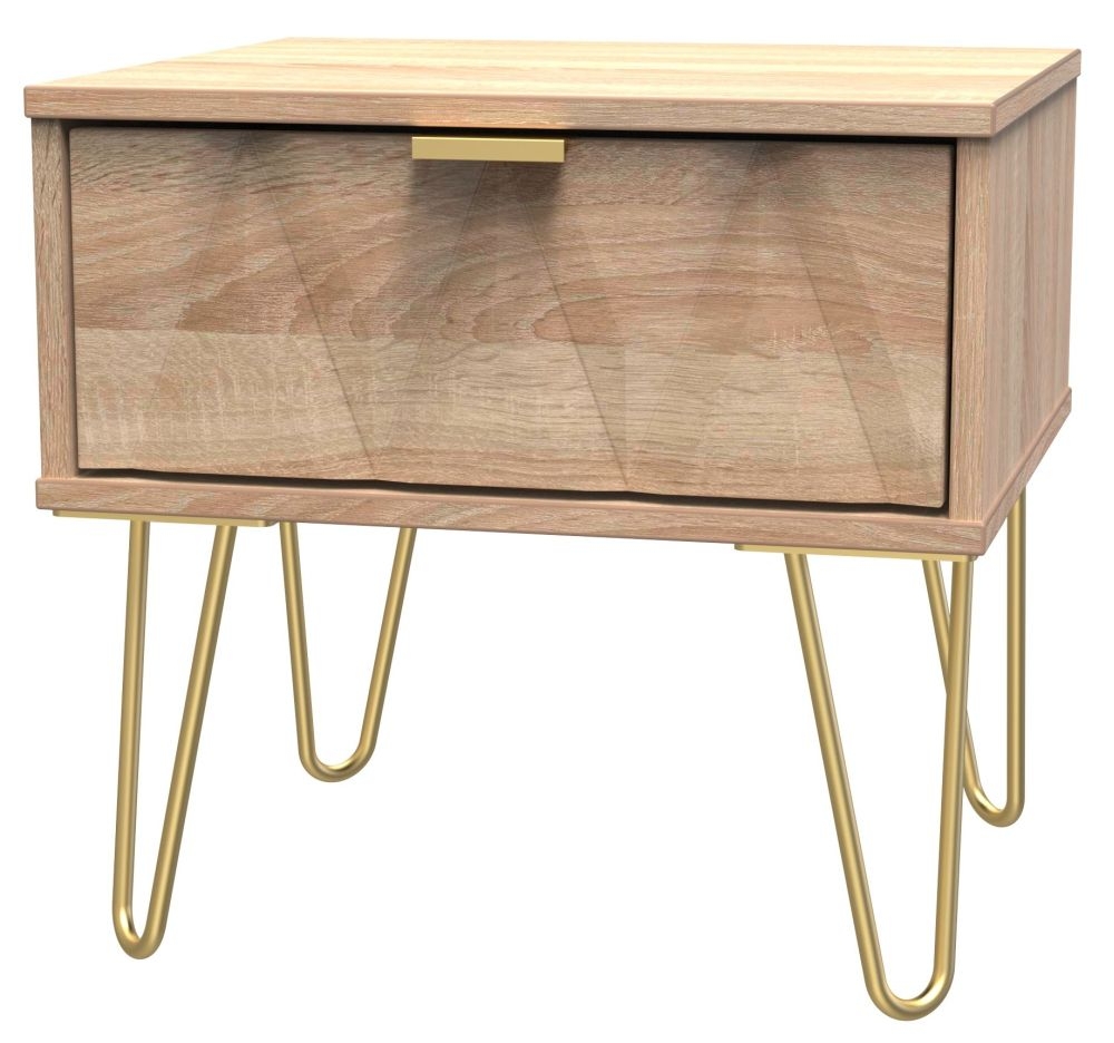 Product photograph of Diamond Oak Effect 1 Drawer Bedside Cabinet With Gold Hairpin Legs from Choice Furniture Superstore.