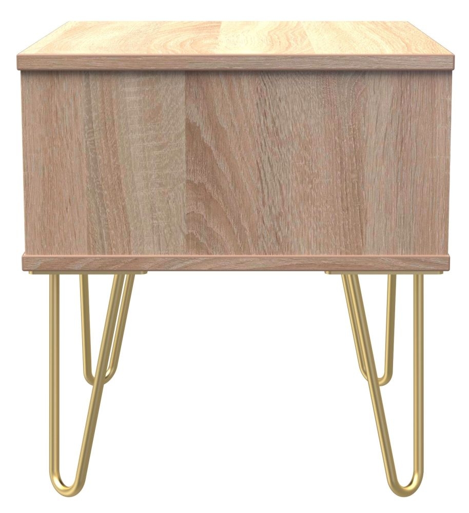 Product photograph of Diamond Oak Effect 1 Drawer Bedside Cabinet With Gold Hairpin Legs from Choice Furniture Superstore.