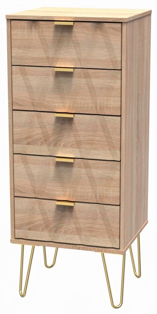 Product photograph of Diamond Oak Effect 5 Drawer Narrow Chest With Gold Hairpin Legs from Choice Furniture Superstore.