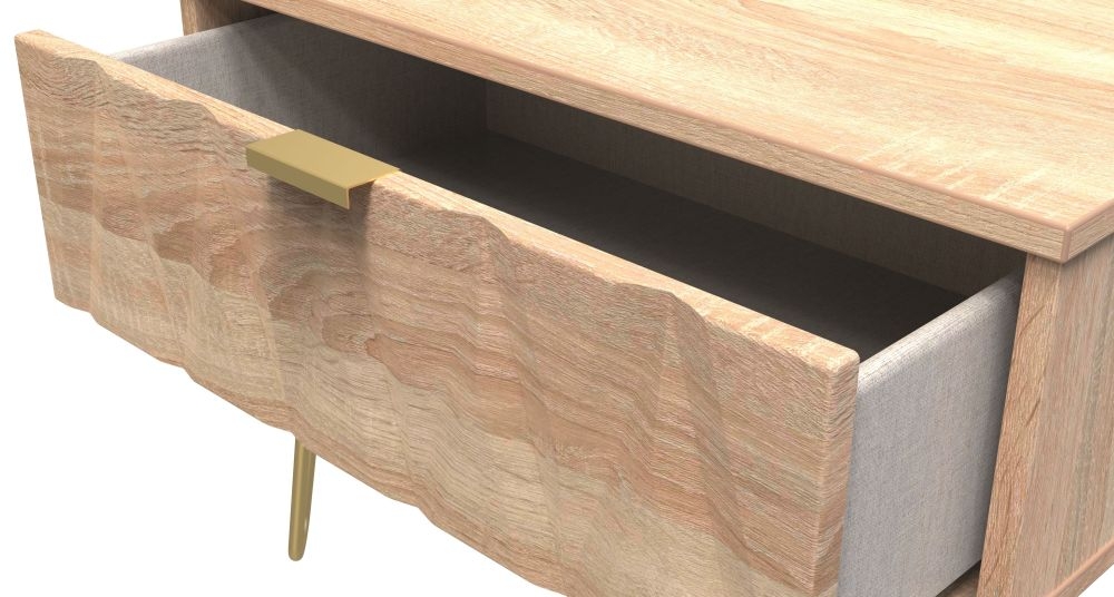 Product photograph of Diamond Oak Effect 1 Drawer Midi Bedside Cabinet With Gold Hairpin Legs from Choice Furniture Superstore.