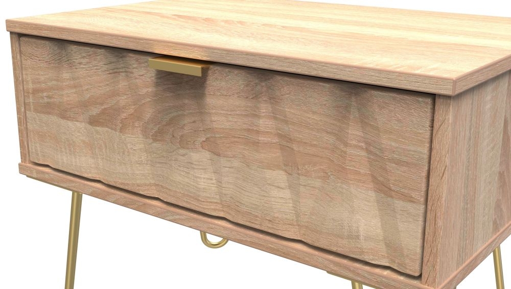 Product photograph of Diamond Oak Effect 1 Drawer Midi Bedside Cabinet With Gold Hairpin Legs from Choice Furniture Superstore.