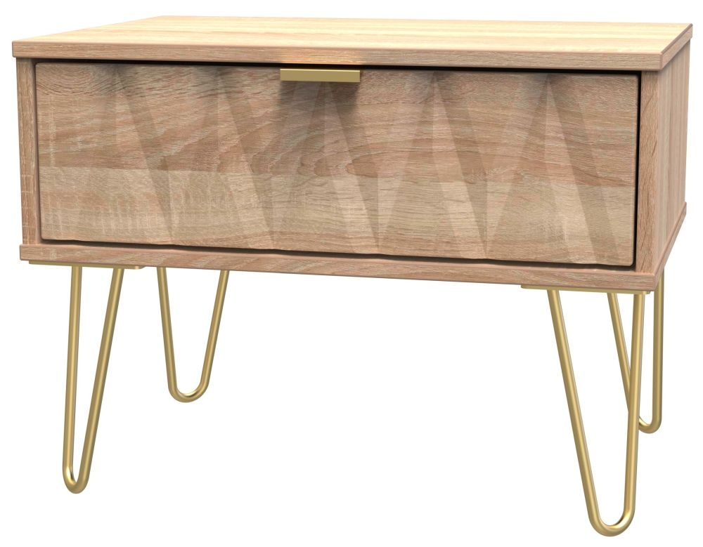 Product photograph of Diamond Oak Effect 1 Drawer Midi Bedside Cabinet With Gold Hairpin Legs from Choice Furniture Superstore.