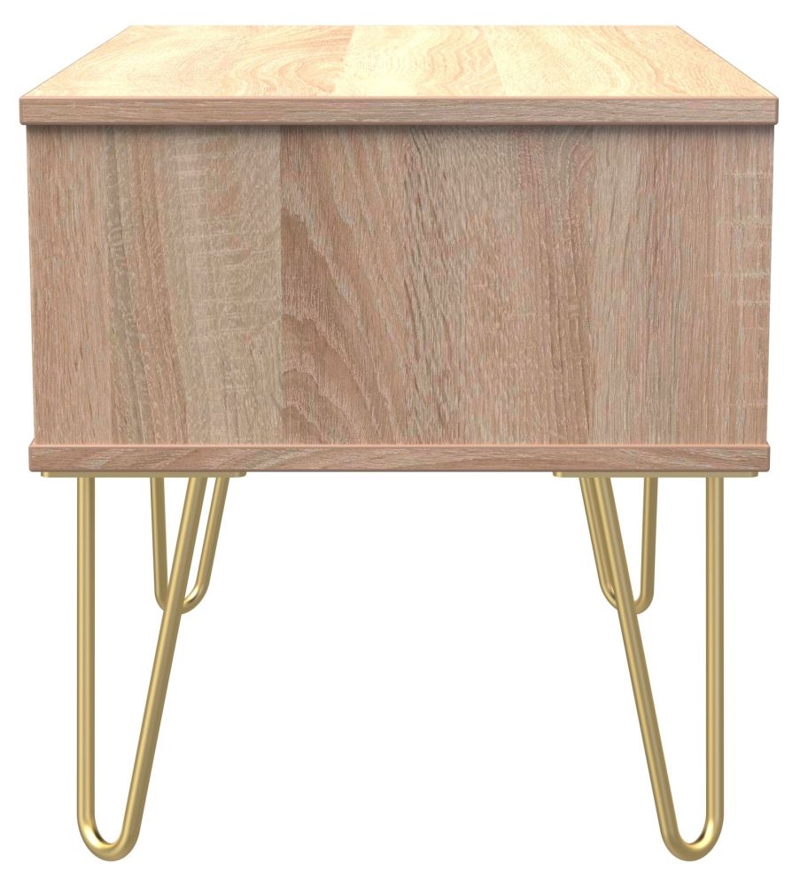 Product photograph of Diamond Oak Effect 1 Drawer Midi Bedside Cabinet With Gold Hairpin Legs from Choice Furniture Superstore.