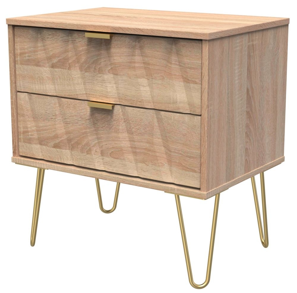Product photograph of Diamond Oak Effect 2 Drawer Midi Bedside Cabinet With Gold Hairpin Legs from Choice Furniture Superstore.