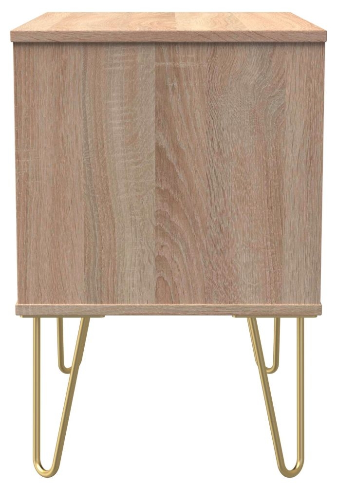 Product photograph of Diamond Oak Effect 2 Drawer Midi Bedside Cabinet With Gold Hairpin Legs from Choice Furniture Superstore.
