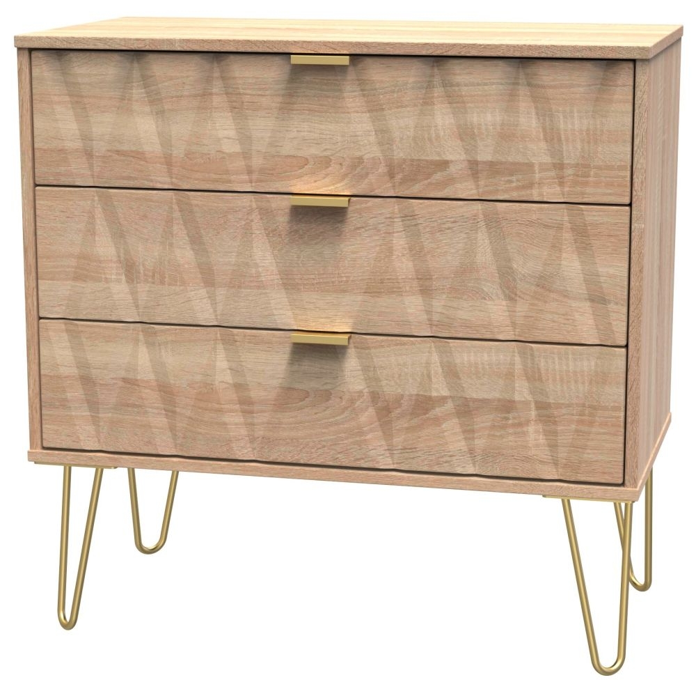 Product photograph of Diamond Oak Effect 3 Drawer Small Chest With Gold Hairpin Legs from Choice Furniture Superstore.