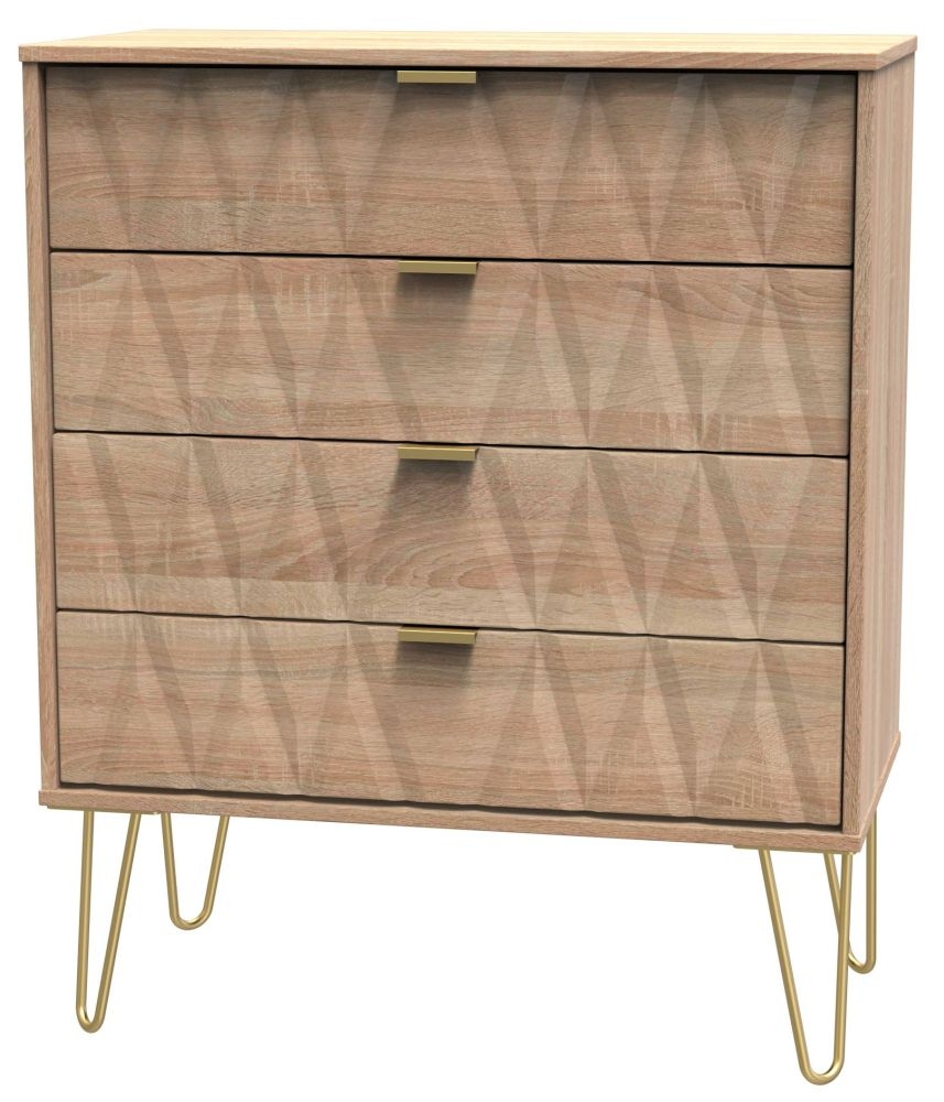 Product photograph of Diamond Oak Effect 4 Drawer Chest With Gold Hairpin Legs from Choice Furniture Superstore.