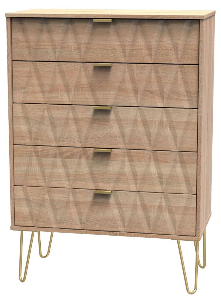 Product photograph of Diamond 5 Drawer Chest With Hairpin Legs - Bardolino Oak from Choice Furniture Superstore.