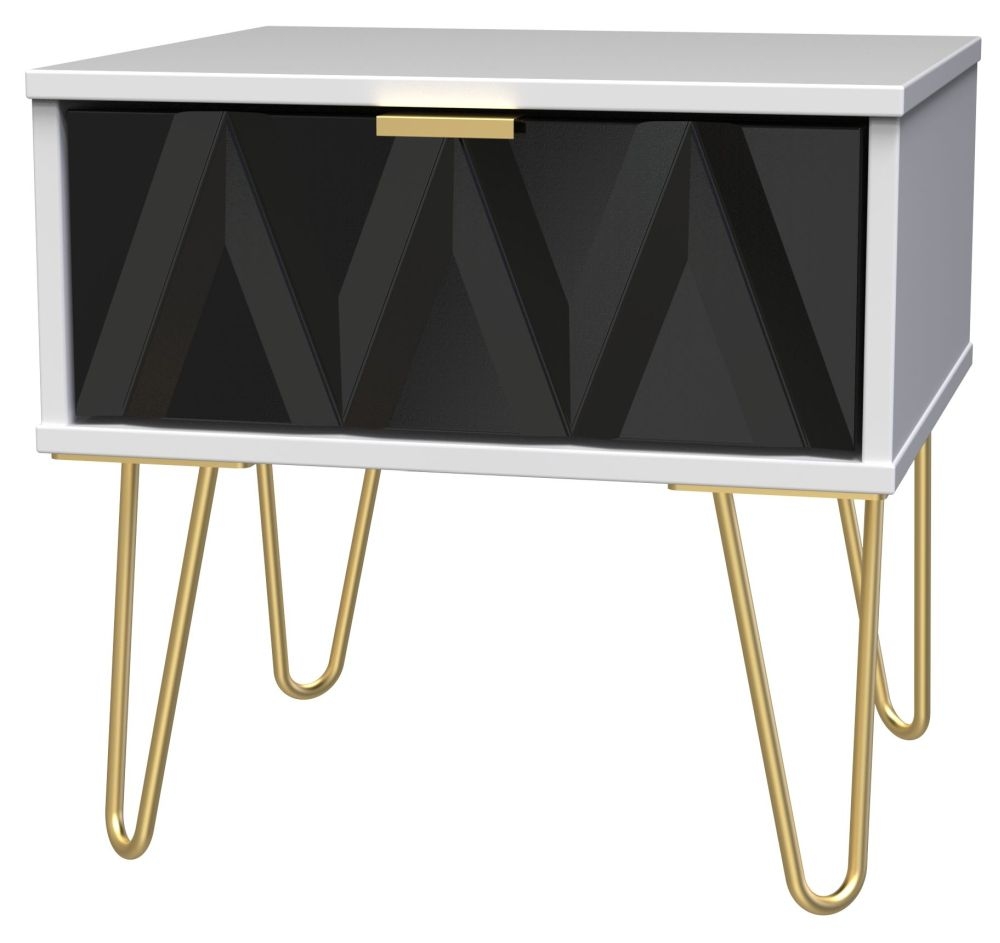 Product photograph of Diamond Black And White 1 Drawer Bedside Cabinet With Gold Hairpin Legs from Choice Furniture Superstore.