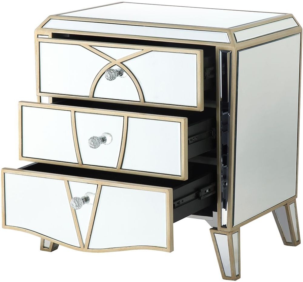 Product photograph of Pristina Mirrored Champagne 3 Drawer Bedside Cabinet from Choice Furniture Superstore.