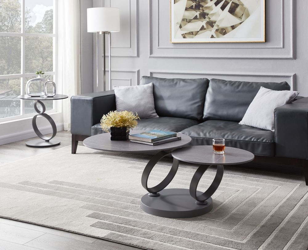 Product photograph of Sofia Rings Grey Ceramic Top And Chrome Swivel Extending Coffee Table from Choice Furniture Superstore.