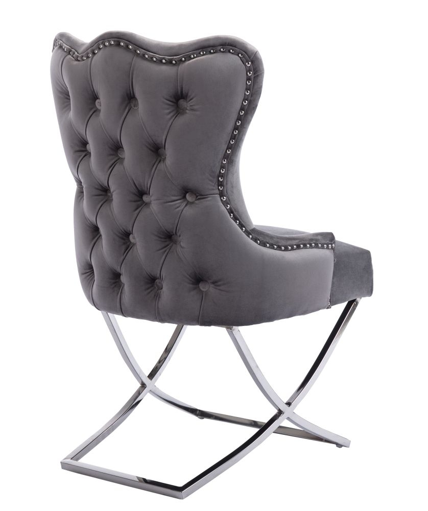 Product photograph of Michelle Cross Leg Back Tufted Buttoned Dark Grey Velvet Fabric Dining Chair Sold In Pairs from Choice Furniture Superstore.