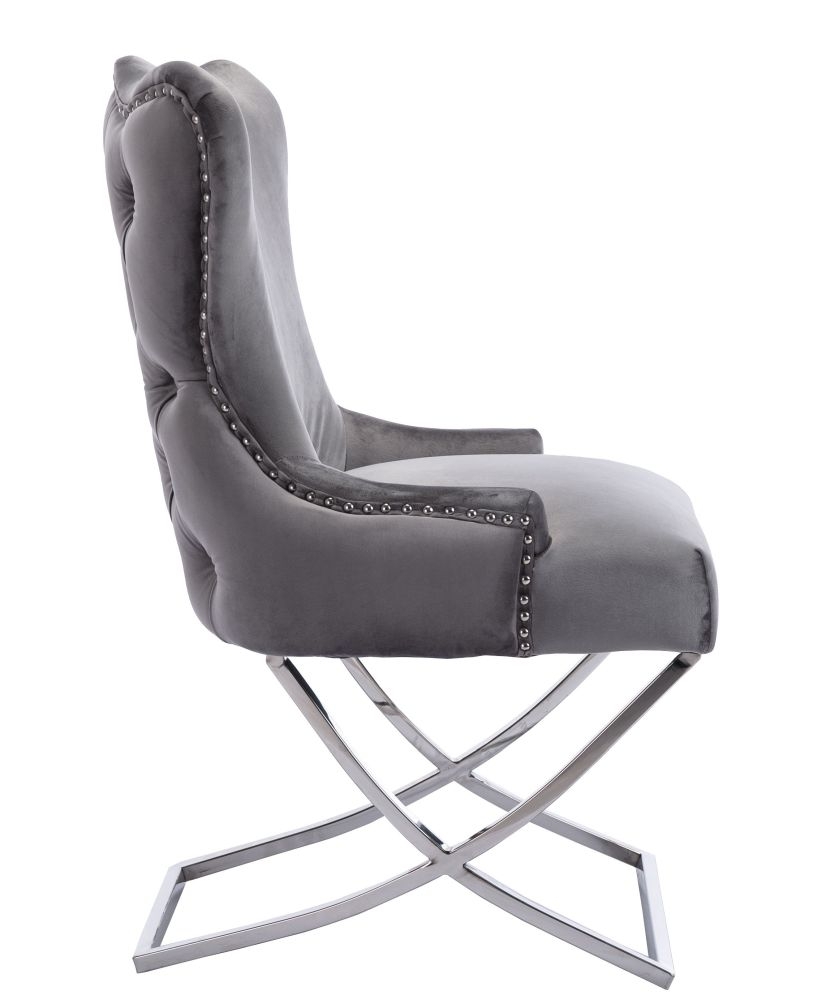 Product photograph of Michelle Cross Leg Back Tufted Buttoned Dark Grey Velvet Fabric Dining Chair Sold In Pairs from Choice Furniture Superstore.