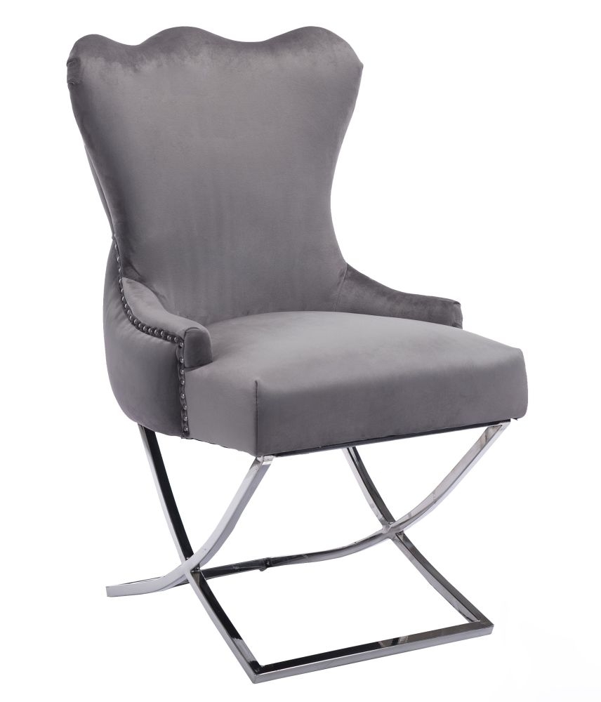 Product photograph of Michelle Cross Leg Back Tufted Buttoned Silver Grey Velvet Fabric Dining Chair Sold In Pairs from Choice Furniture Superstore.