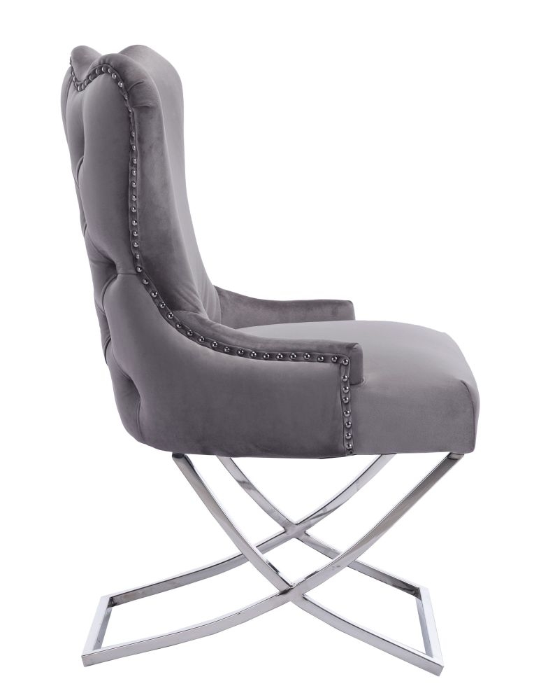 Product photograph of Michelle Cross Leg Back Tufted Buttoned Silver Grey Velvet Fabric Dining Chair Sold In Pairs from Choice Furniture Superstore.