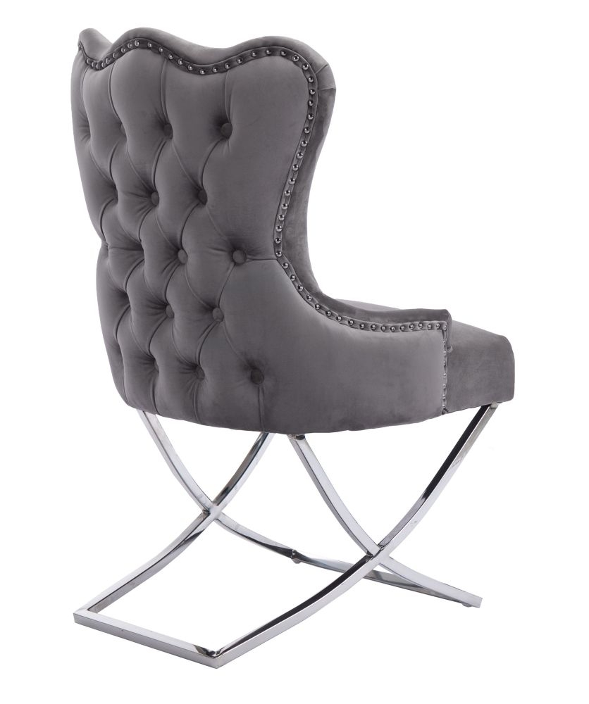 Product photograph of Michelle Cross Leg Back Tufted Buttoned Silver Grey Velvet Fabric Dining Chair Sold In Pairs from Choice Furniture Superstore.