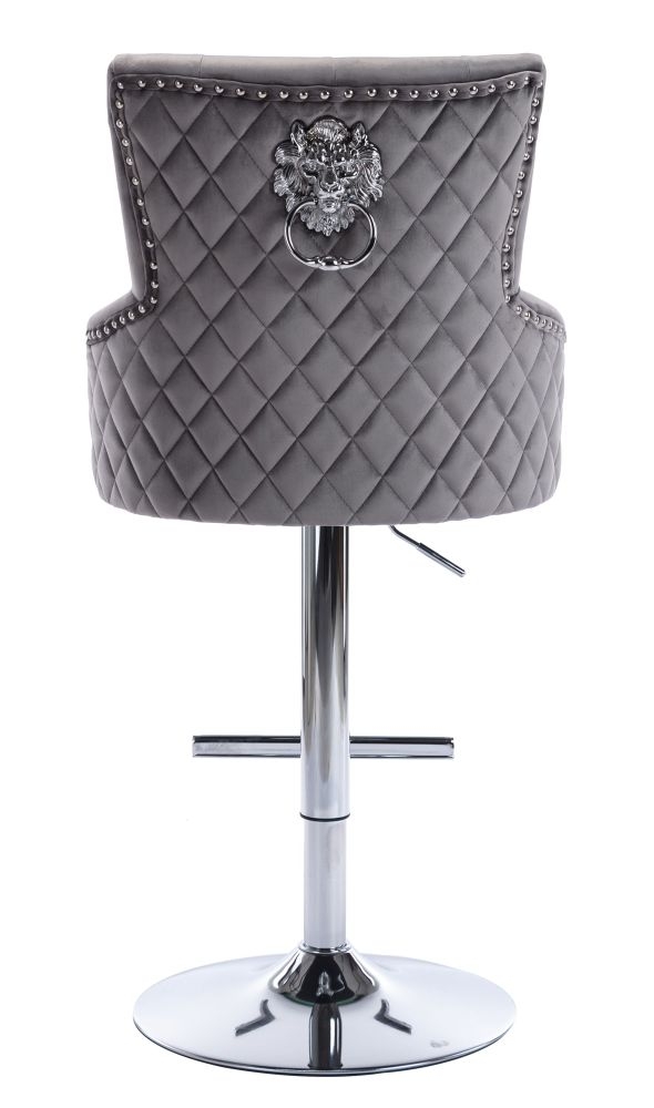 Product photograph of Elenore Dark Grey Velvet Fabric Lion Knockerback Swivel Barstool Sold In Pairs from Choice Furniture Superstore.