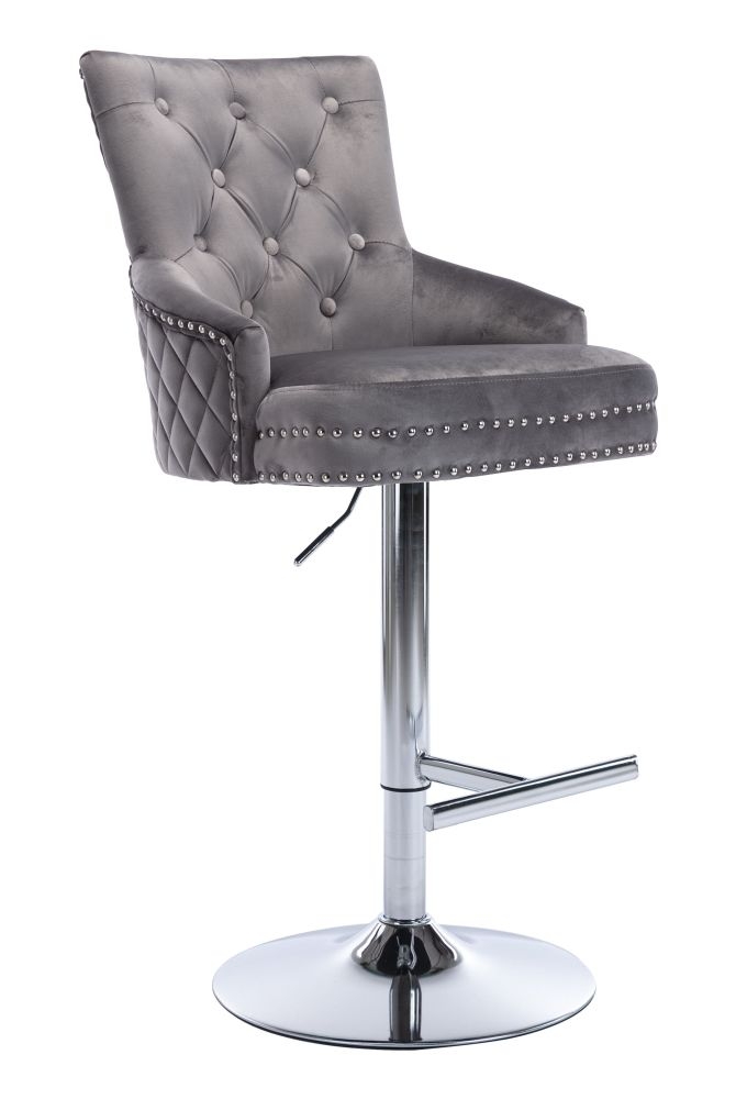 Product photograph of Elenore Dark Grey Velvet Fabric Lion Knockerback Swivel Barstool Sold In Pairs from Choice Furniture Superstore.