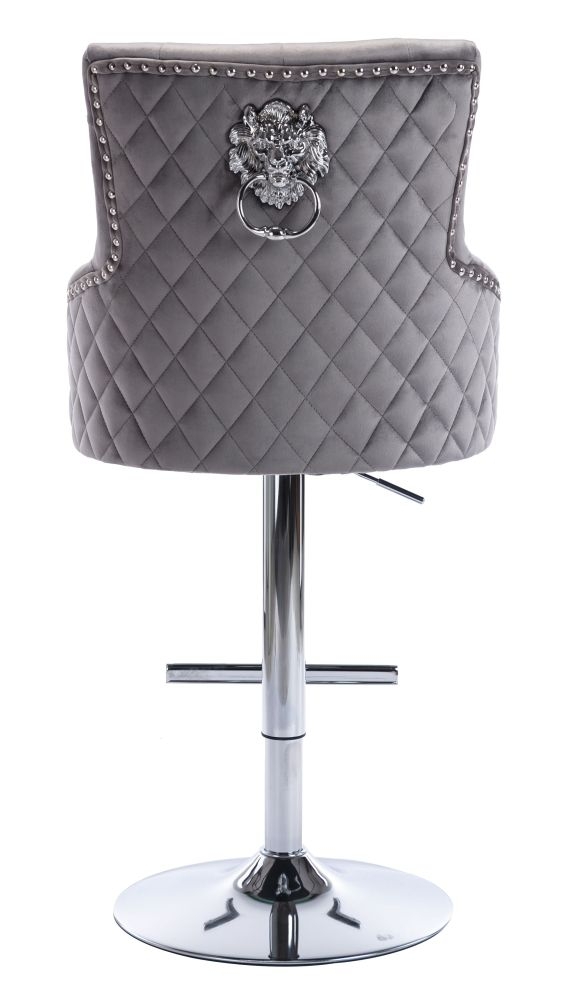 Product photograph of Elenore Silver Grey Velvet Fabric Lion Knockerback Swivel Barstool Sold In Pairs from Choice Furniture Superstore.