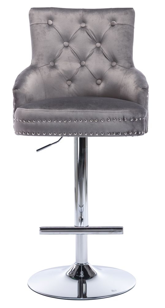 Product photograph of Elenore Silver Grey Velvet Fabric Lion Knockerback Swivel Barstool Sold In Pairs from Choice Furniture Superstore.