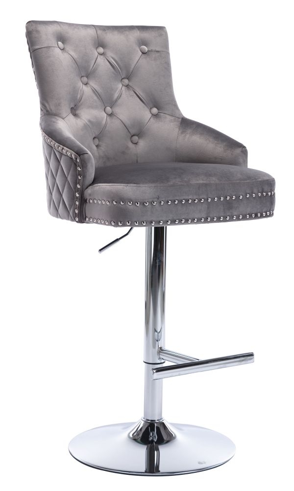 Product photograph of Elenore Silver Grey Velvet Fabric Lion Knockerback Swivel Barstool Sold In Pairs from Choice Furniture Superstore.