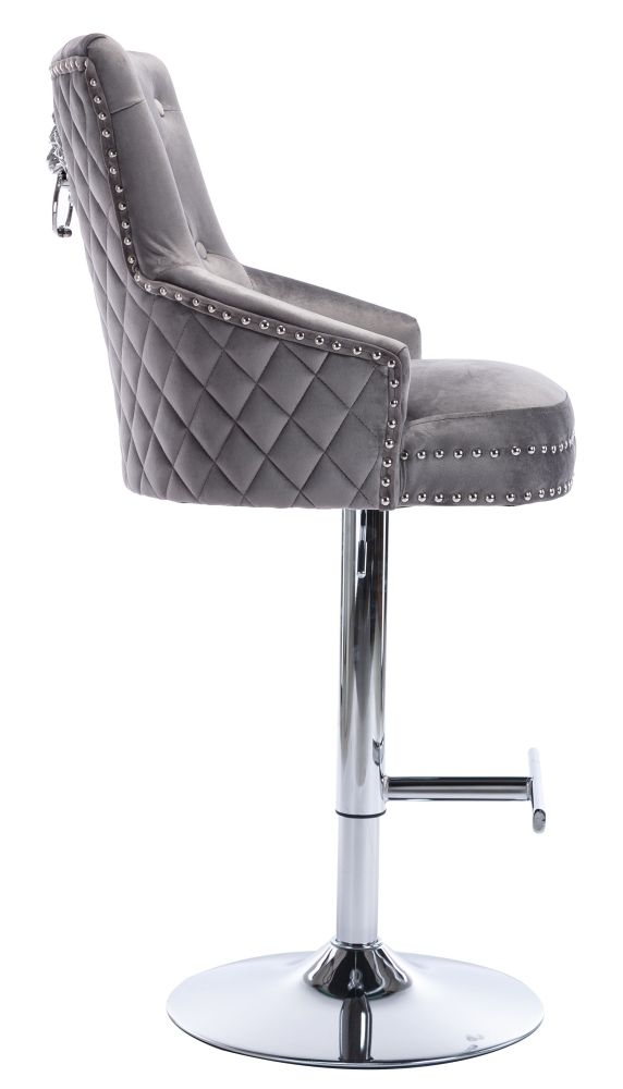 Product photograph of Elenore Silver Grey Velvet Fabric Lion Knockerback Swivel Barstool Sold In Pairs from Choice Furniture Superstore.