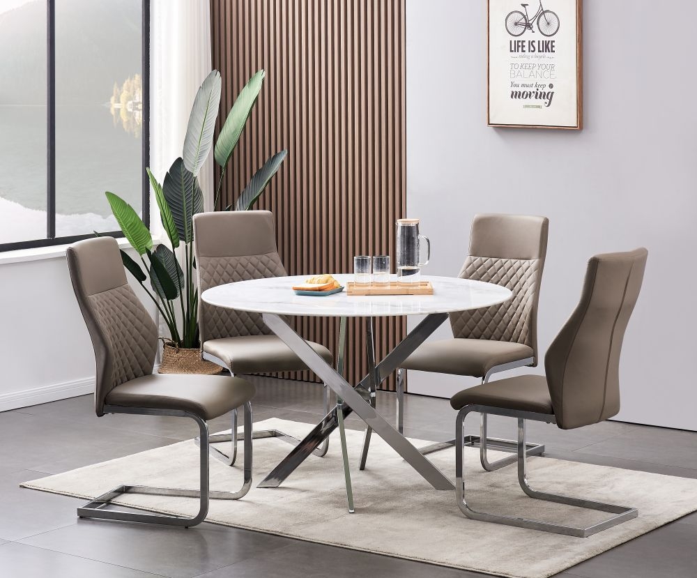 Product photograph of Silvia White And Grey Marble Effect Glass Top Round Dining Table from Choice Furniture Superstore.