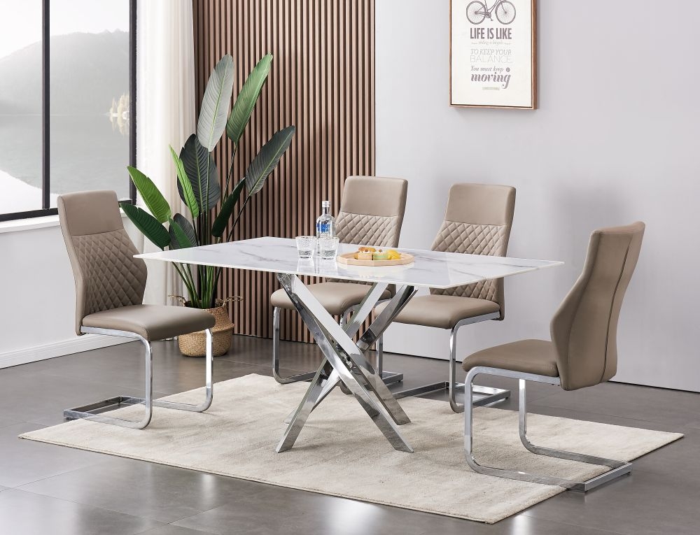 Product photograph of Silvia White And Grey Marble Effect Glass Top Dining Table from Choice Furniture Superstore.