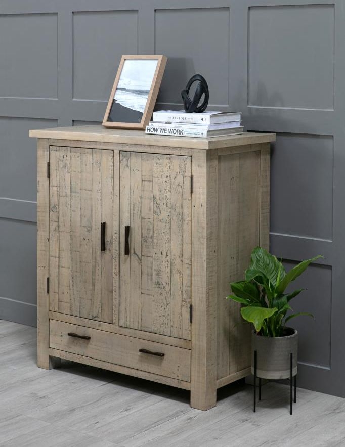 Product photograph of Fjord Scandinavian Style Rustic Pine Linen Small Sideboard from Choice Furniture Superstore.