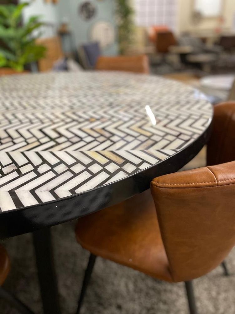 Product photograph of Voyager Monochrome Chevron Inlay Print 130cm Round Dining Table from Choice Furniture Superstore.