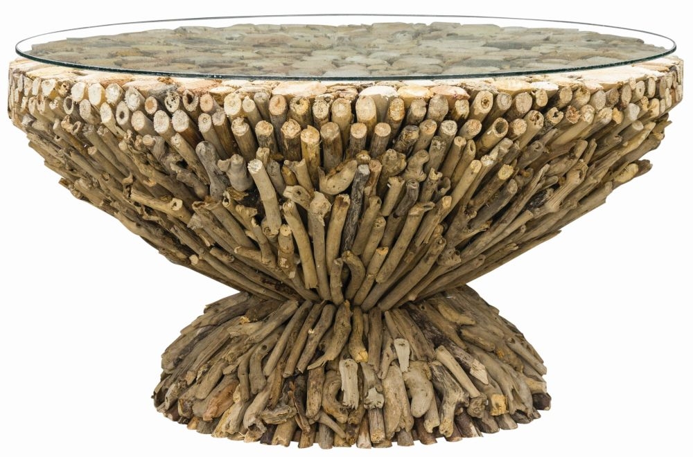 Product photograph of Driftwood And Glass Top Round Coffee Table from Choice Furniture Superstore.