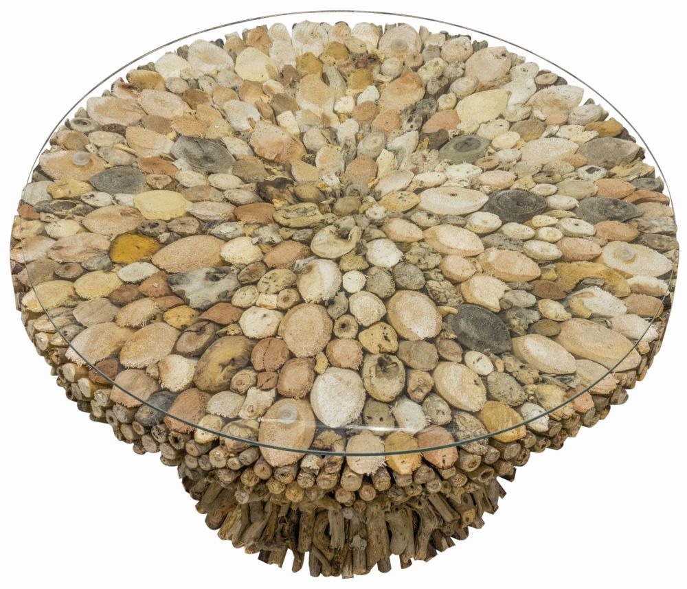 Product photograph of Driftwood And Glass Top Round Coffee Table from Choice Furniture Superstore.