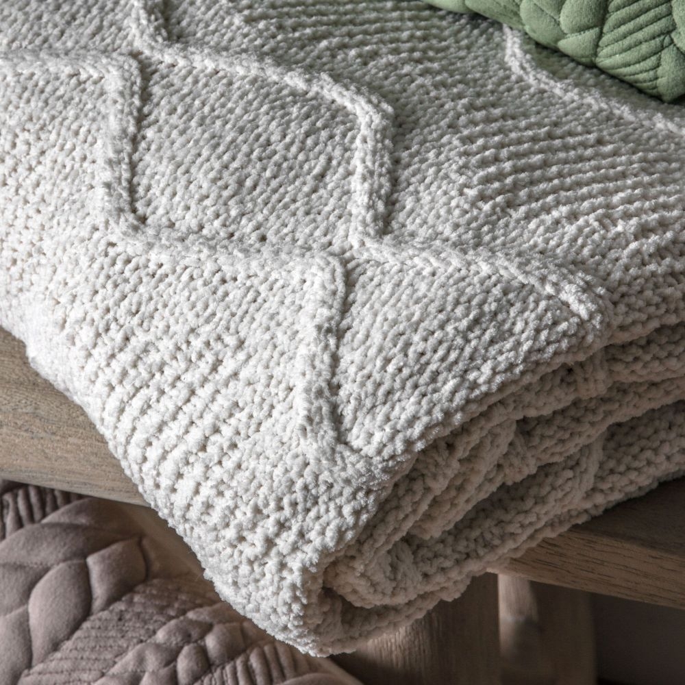 Product photograph of Chenille Chunky Cable Knit Diamond Cream Fabric Throw from Choice Furniture Superstore.