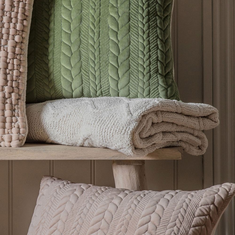 Product photograph of Chenille Chunky Cable Knit Diamond Cream Fabric Throw from Choice Furniture Superstore.