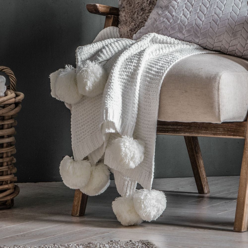 Product photograph of Knitted Pom Pom Chenille Cream Fabric Throw from Choice Furniture Superstore.