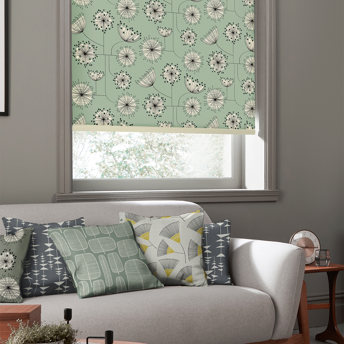 Product photograph of Missprint Dandelion Mobile Mist Green Roller Blind from Choice Furniture Superstore.