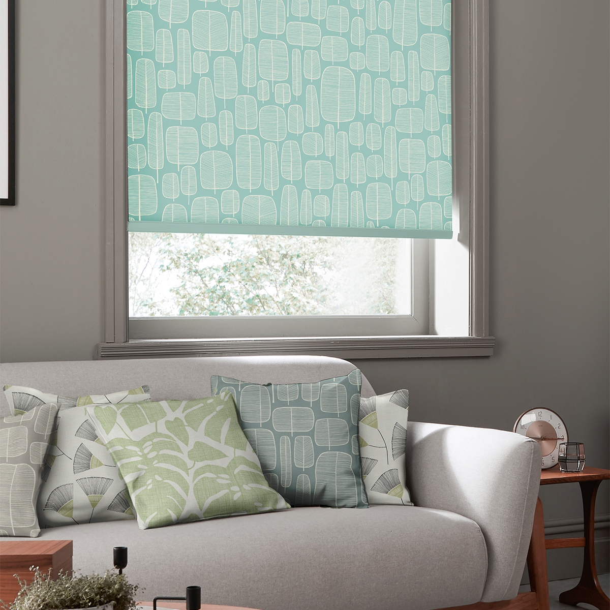 Product photograph of Missprint Little Trees Eggshell Blue-roller Blind from Choice Furniture Superstore.