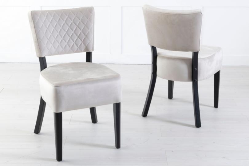 Product photograph of Clearance - Indus Beige Dining Chair Velvet Fabric Upholstered With Quilted Diamond Stitched And Black Wooden Legs Pair from Choice Furniture Superstore.