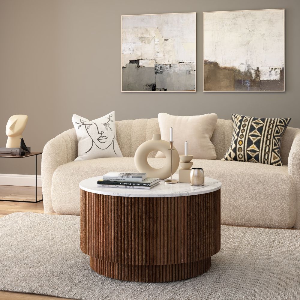 Product photograph of Piano Walnut Fluted Wood And Marble Top Round Coffee Table With 1 Door Storage Made Of Mango Wood Ribbed Drum Base And White Marble Top from Choice Furniture Superstore.