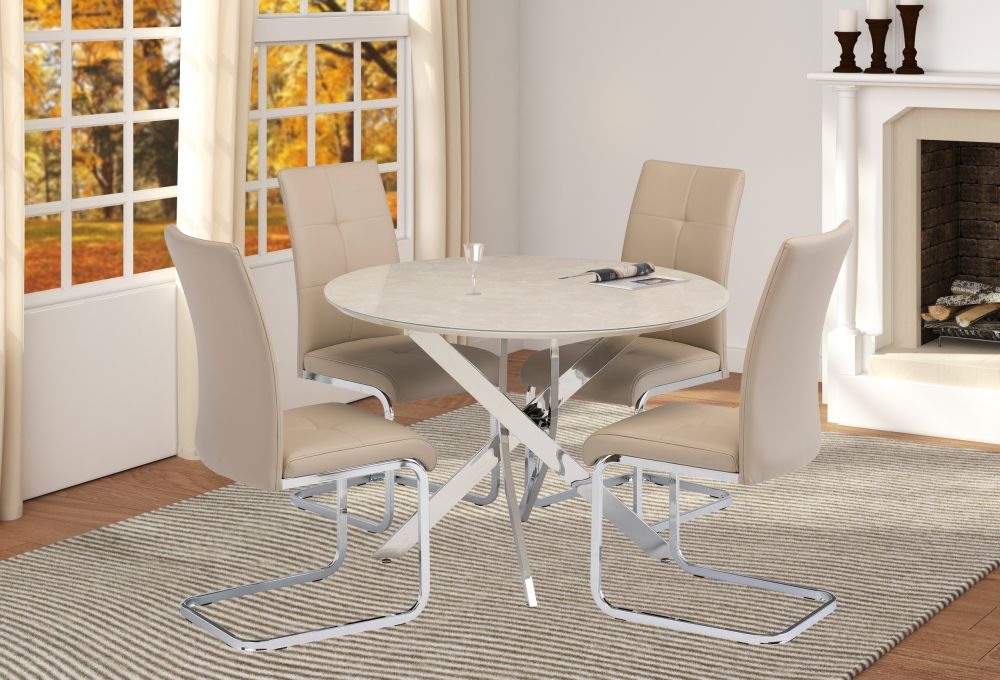 Product photograph of Irvine 2 Seater Round Dining Table - Natural Marble Effect Glass Top And Chrome Base from Choice Furniture Superstore.