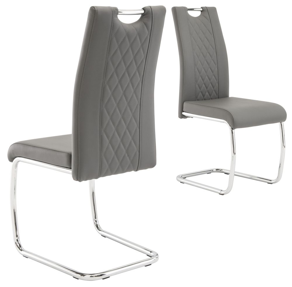 Product photograph of Oceanside Grey Faux Leather Cross Stitched Dining Chair With Chrome Base Sold In Pairs from Choice Furniture Superstore.
