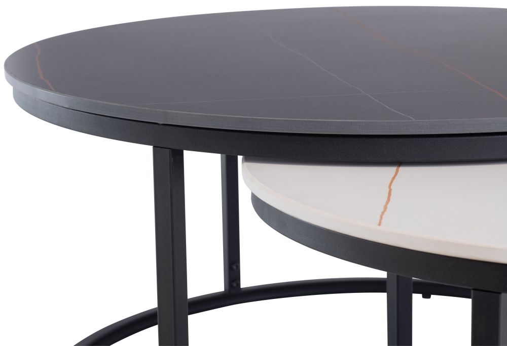 Product photograph of Rosa Set Of 2 Round Coffee Table - White And Black Sintered Stone Top With Black Powder Coated Base from Choice Furniture Superstore.