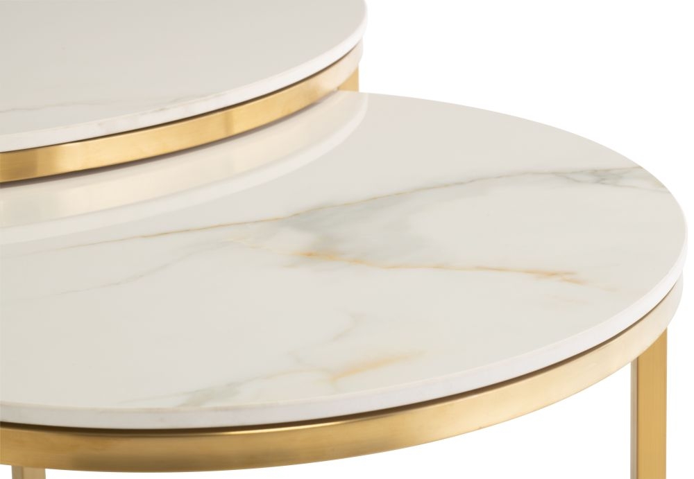 Product photograph of Burbank Set Of 2 Round Coffee Table - Kass Gold Marble Effect Top With Brushed Gold Base from Choice Furniture Superstore.