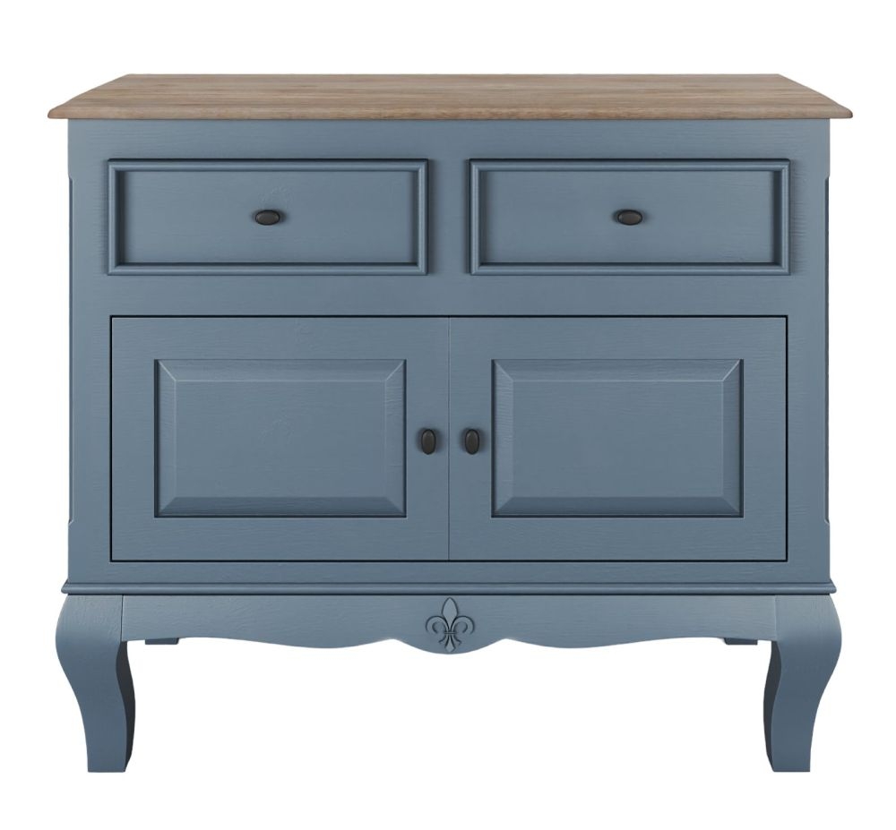 Product photograph of Clearance - Fleur French Style 2 Door Sideboard Stiffkey Blue Painted Solid Mango Wood 95cm Small Cabinet from Choice Furniture Superstore.