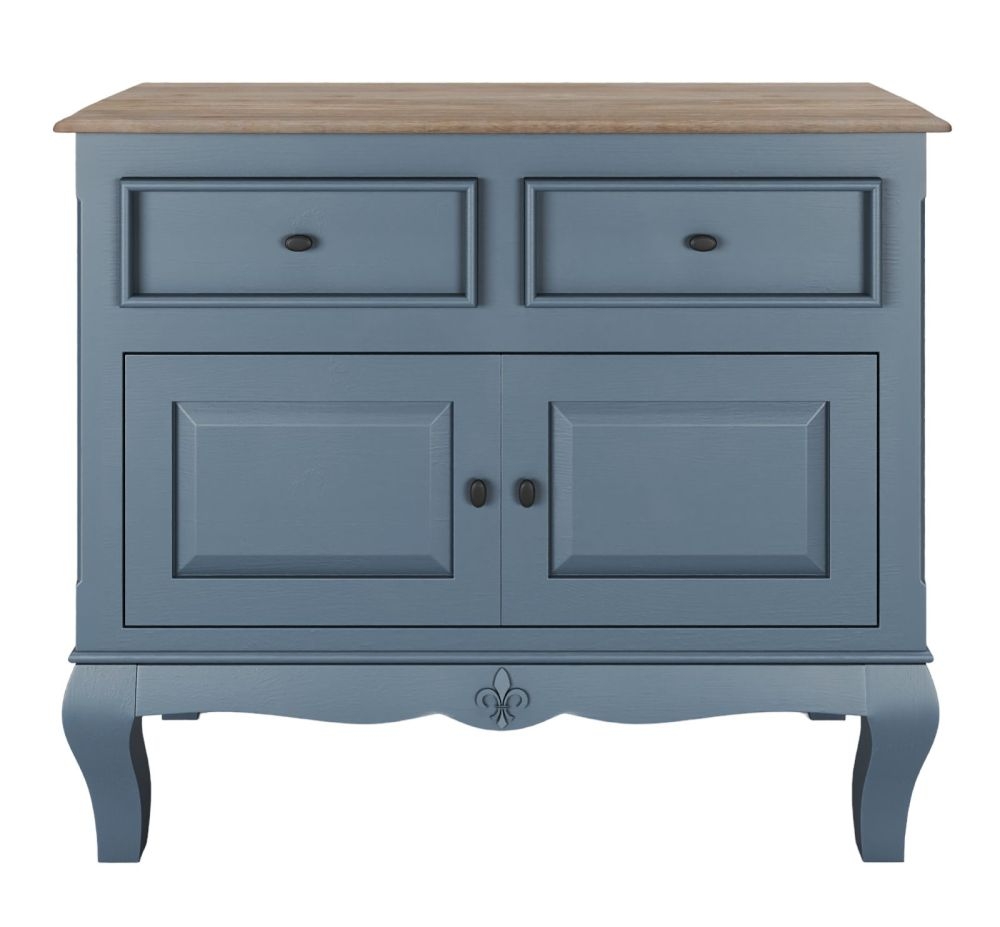 Product photograph of Clearance - Fleur French Style 2 Door 2 Drawer Sideboard Stiffkey Blue Painted Solid Mango Wood 95cm Small Cabinet from Choice Furniture Superstore.