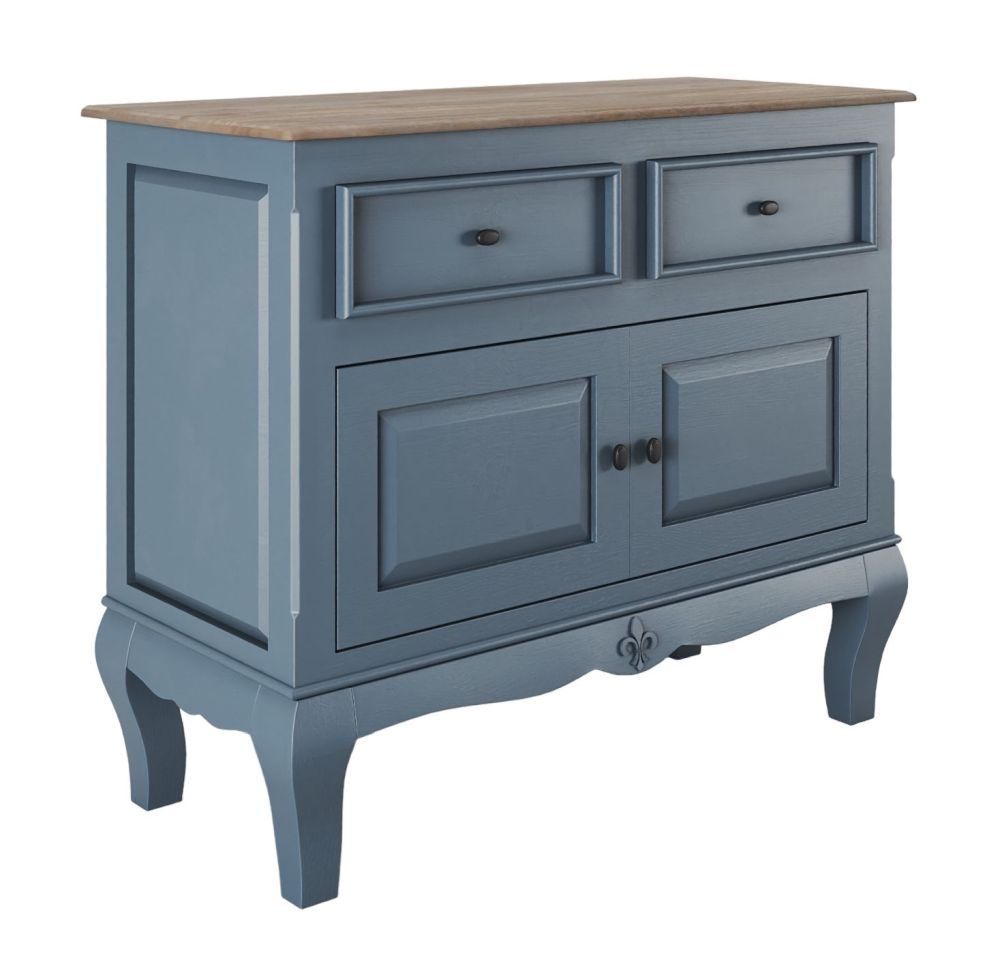 Product photograph of Clearance - Fleur French Style 2 Door 2 Drawer Sideboard Stiffkey Blue Painted Solid Mango Wood 95cm Small Cabinet from Choice Furniture Superstore.