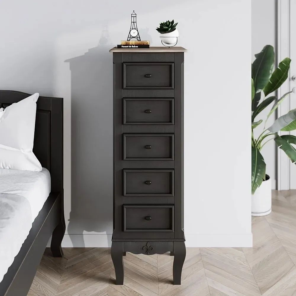 Product photograph of Clearance - Fleur French Style Black 5 Drawer Narrow Tall Chest - Made In Solid Mango Wood from Choice Furniture Superstore.