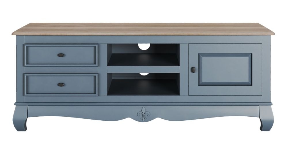 Product photograph of Clearance - Fleur French Style Tv Unit Stiffkey Blue Painted Solid Mango Wood Large Cabinet 135cm Stand Upto 50in Plasma from Choice Furniture Superstore.