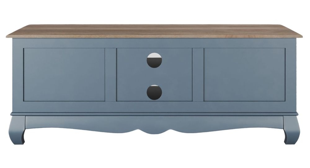 Product photograph of Clearance - Fleur French Style Tv Unit Stiffkey Blue Painted Solid Mango Wood Large Cabinet 135cm Stand Upto 50in Plasma from Choice Furniture Superstore.